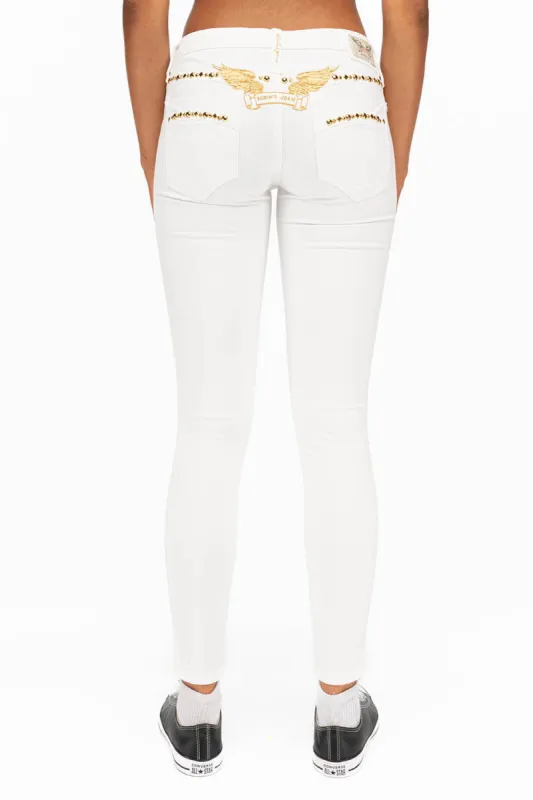 MARILYN WOMENS STUDDED SKINNY JEANS IN WHITE WITH GOLD WINGS AND GOLD STUDS AND CRYSTALS sold by Robin's Jean