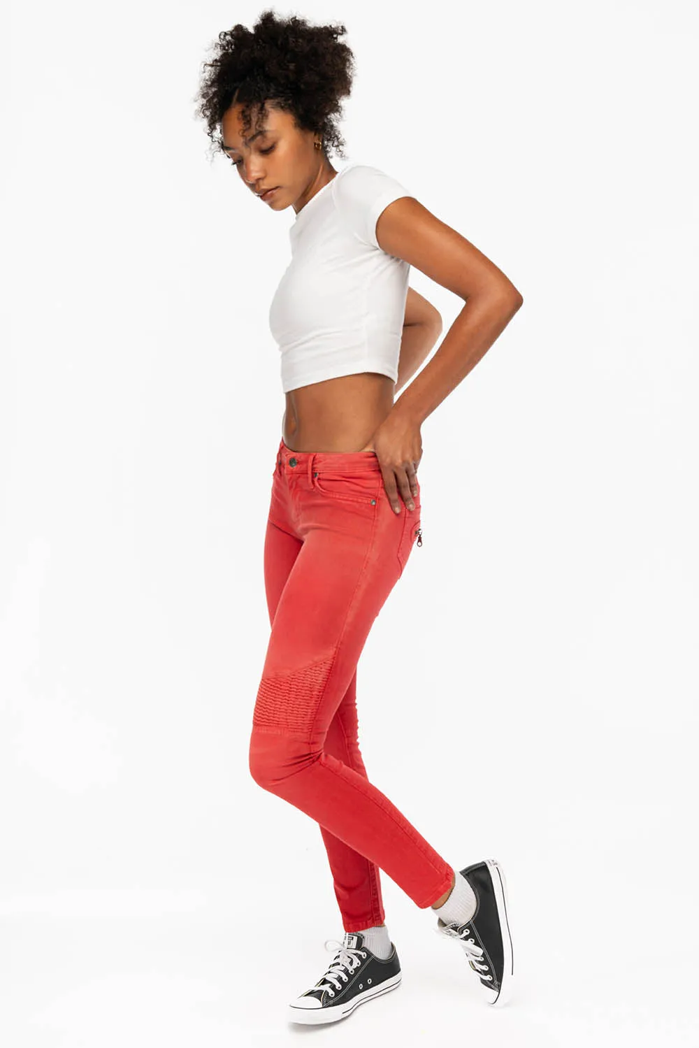ROBIN'S WOMENS SKINNY BIKER JEANS MOTO IN SULFUR RED sold by Robin's Jean product image thumbnail 5