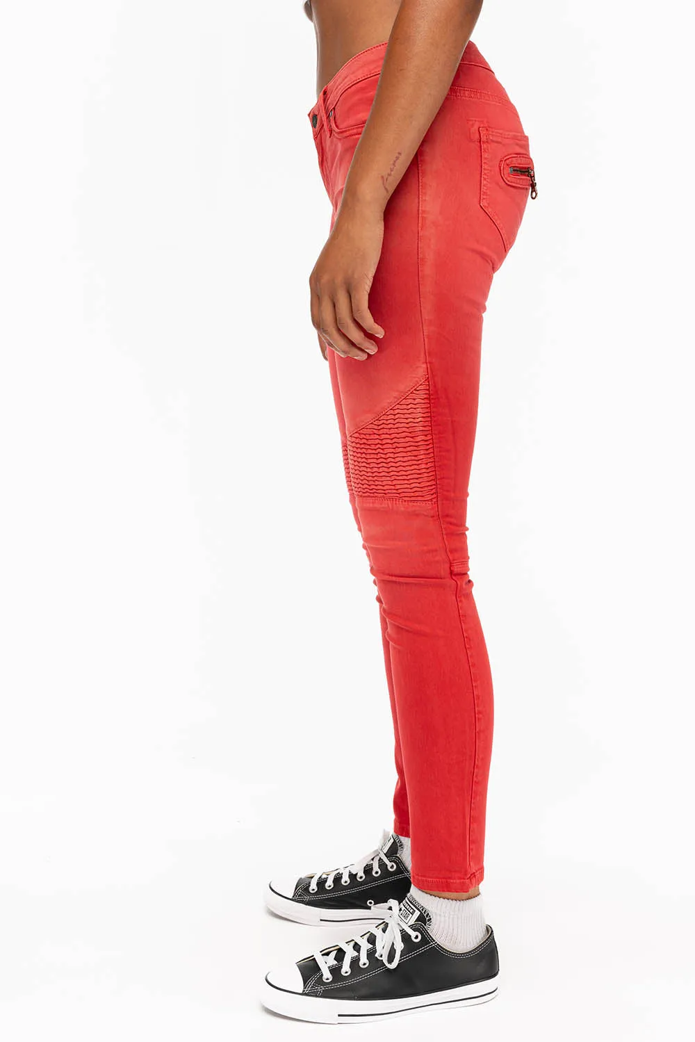 ROBIN'S WOMENS SKINNY BIKER JEANS MOTO IN SULFUR RED sold by Robin's Jean product image thumbnail 2