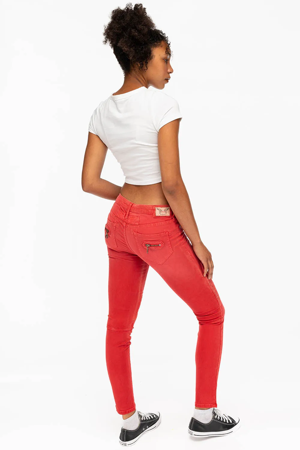 ROBIN'S WOMENS SKINNY BIKER JEANS MOTO IN SULFUR RED sold by Robin's Jean product image thumbnail 4