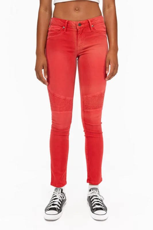 ROBIN'S WOMENS SKINNY BIKER JEANS MOTO IN SULFUR RED sold by Robin's Jean