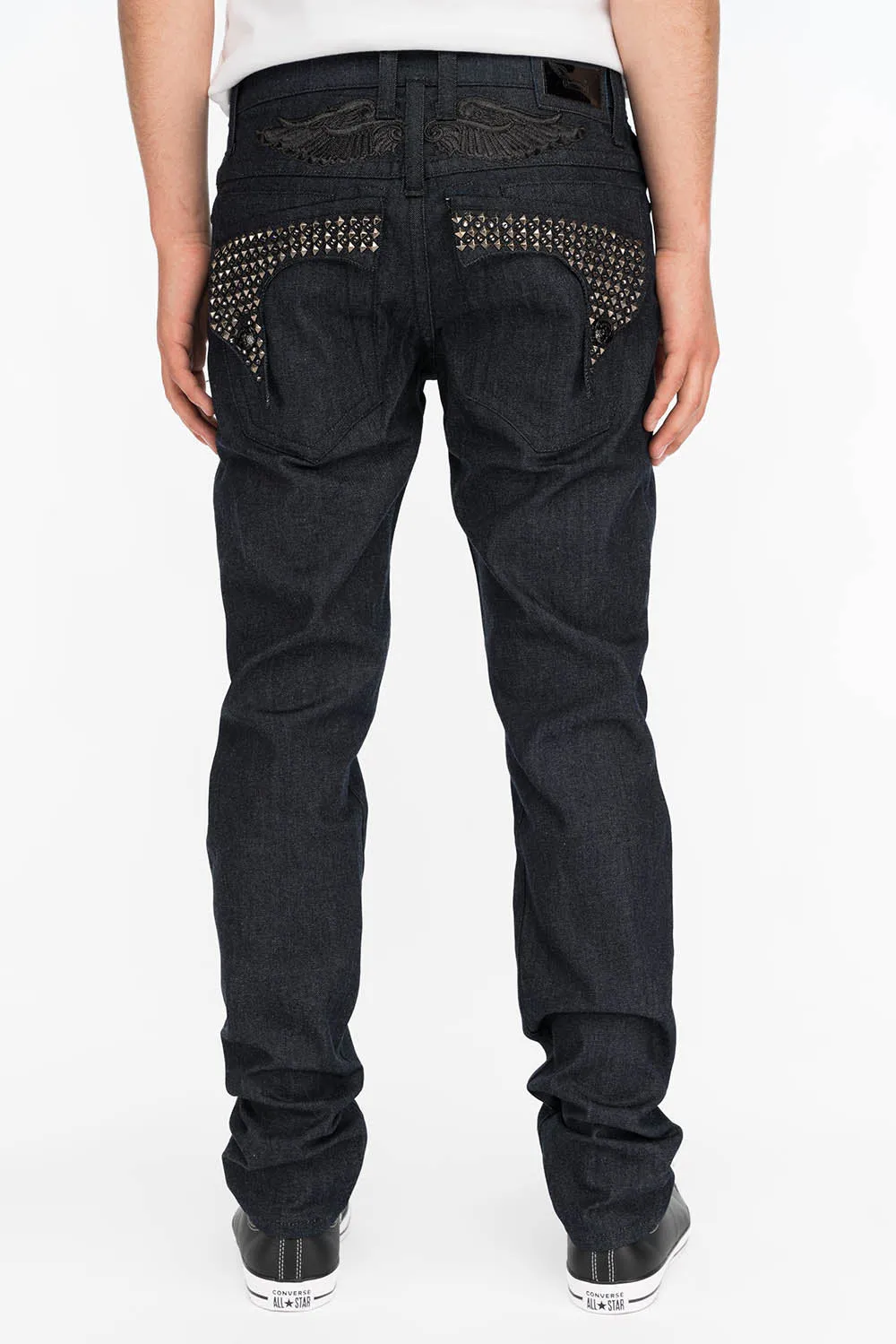 MENS RAW DENIM SLIM FIT KILLER FLAP JEANS WITH WINGS STUDS AND CRYSTALS sold by Robin's Jean