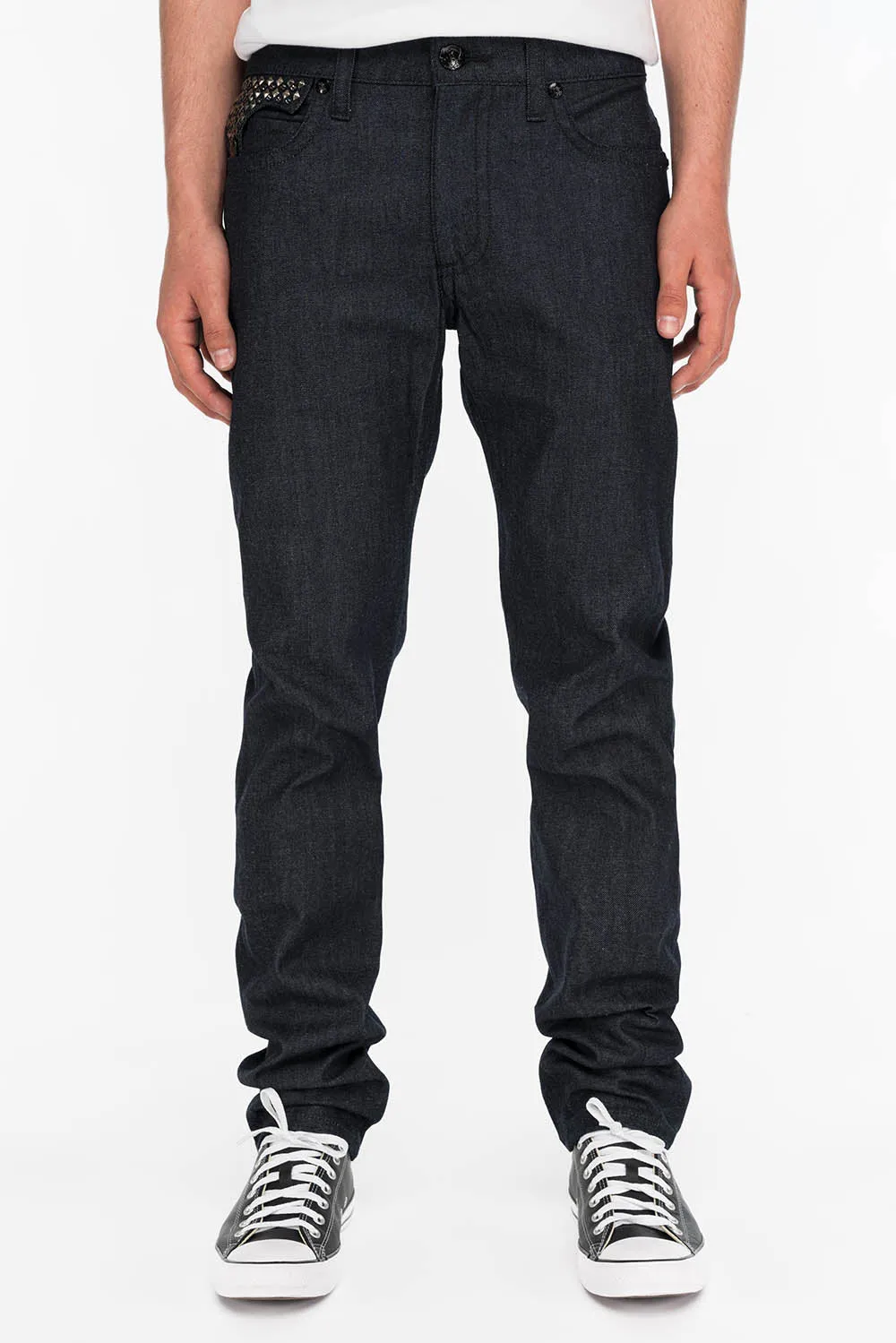 MENS RAW DENIM SLIM FIT KILLER FLAP JEANS WITH WINGS STUDS AND CRYSTALS sold by Robin's Jean product image thumbnail 3