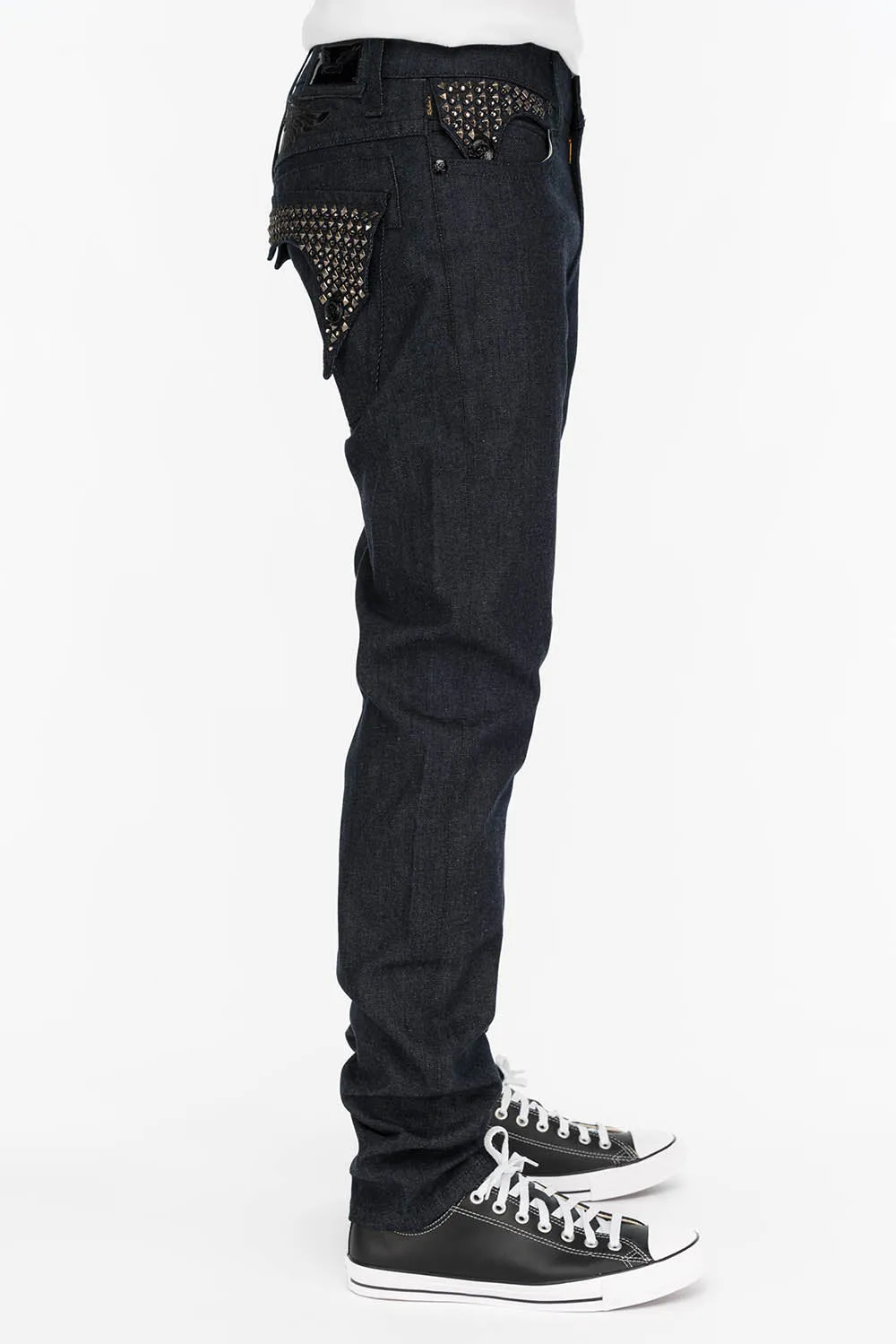 MENS RAW DENIM SLIM FIT KILLER FLAP JEANS WITH WINGS STUDS AND CRYSTALS sold by Robin's Jean product image thumbnail 2