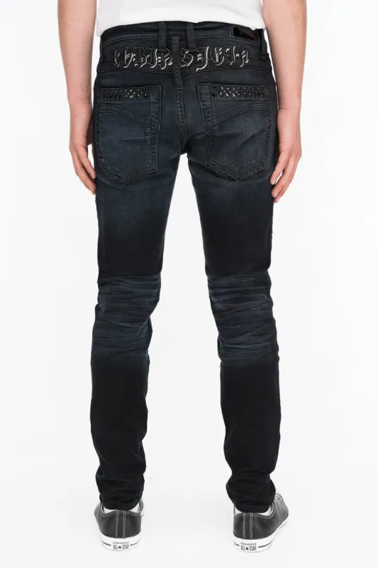 SKINNY MENS JEANS IN F_UP BLACK WITH BLACK CRYSTALS sold by Robin's Jean