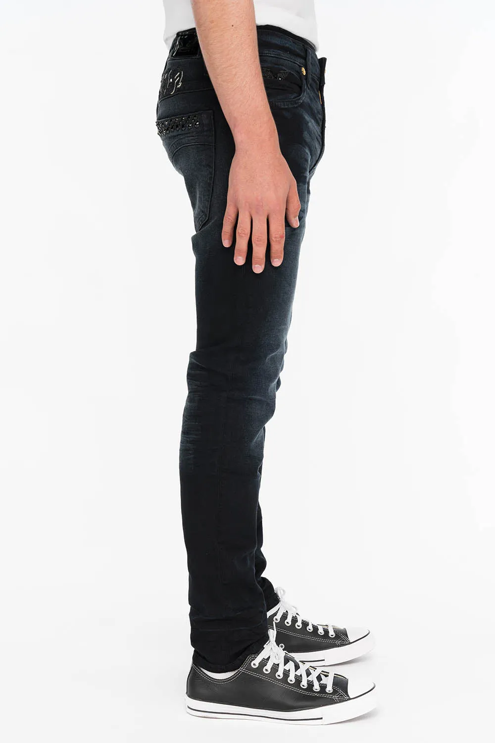 SKINNY MENS JEANS IN F_UP BLACK WITH BLACK CRYSTALS sold by Robin's Jean product image thumbnail 5