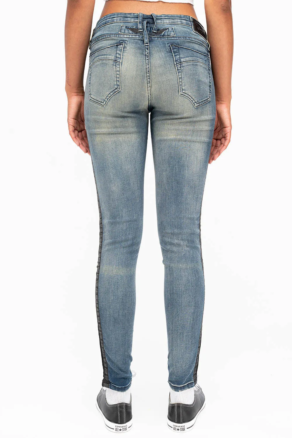 MID RISE WOMENS SKINNY BLUE JEANS WITH BLACK STRIPES sold by Robin's Jean product image thumbnail 3