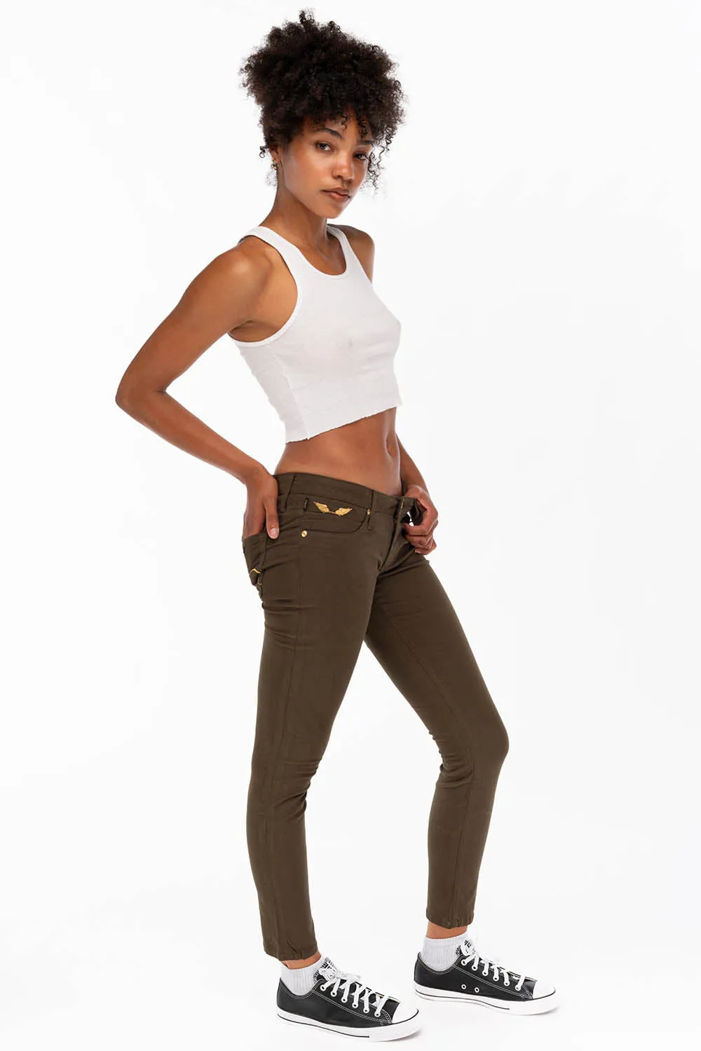 WOMENS SKINNY JEANS IN DARK GREEN WITH GOLD EMBROIDERY AND LOGO sold by Robin's Jean product image thumbnail 4
