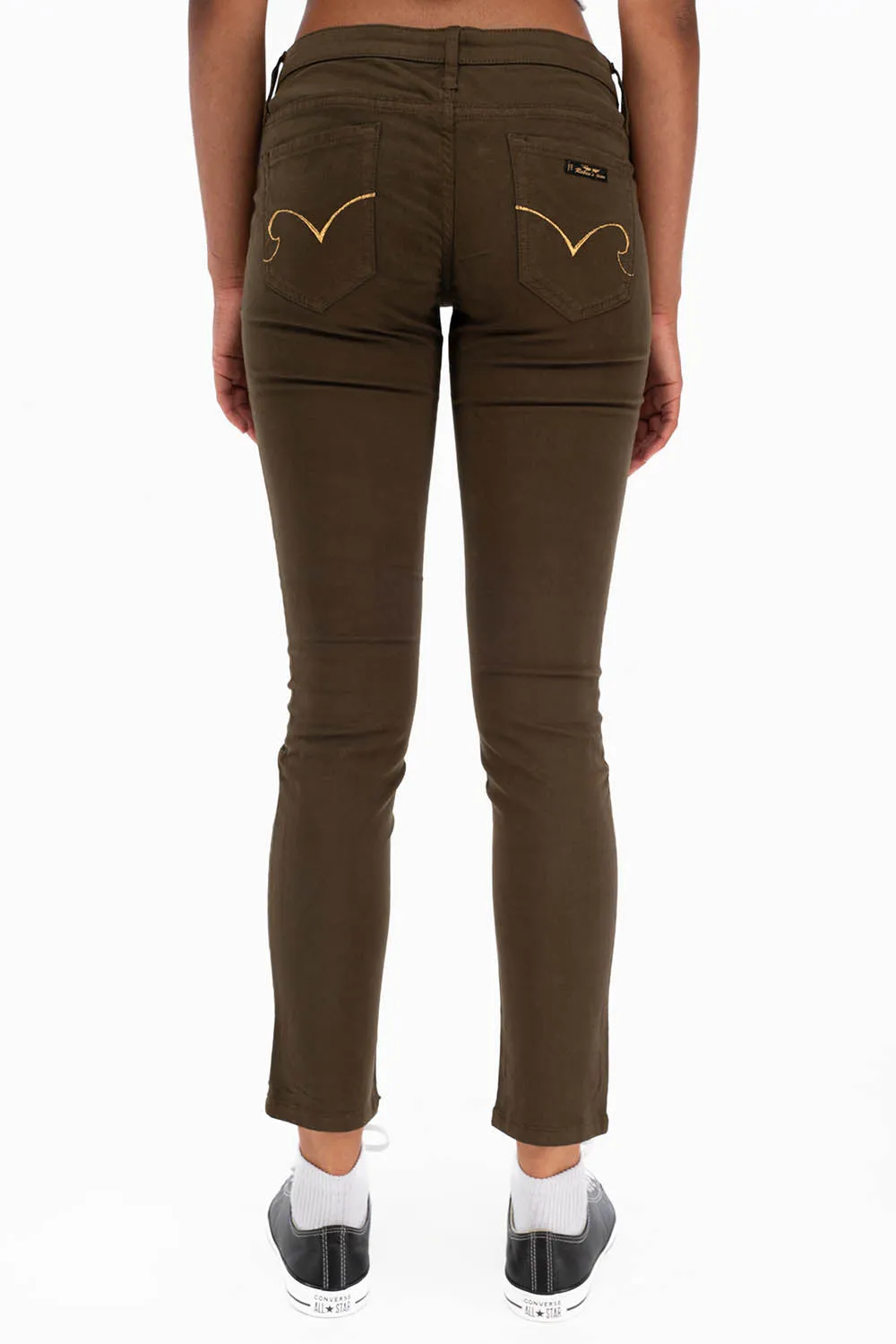 WOMENS SKINNY JEANS IN DARK GREEN WITH GOLD EMBROIDERY AND LOGO sold by Robin's Jean product image thumbnail 2