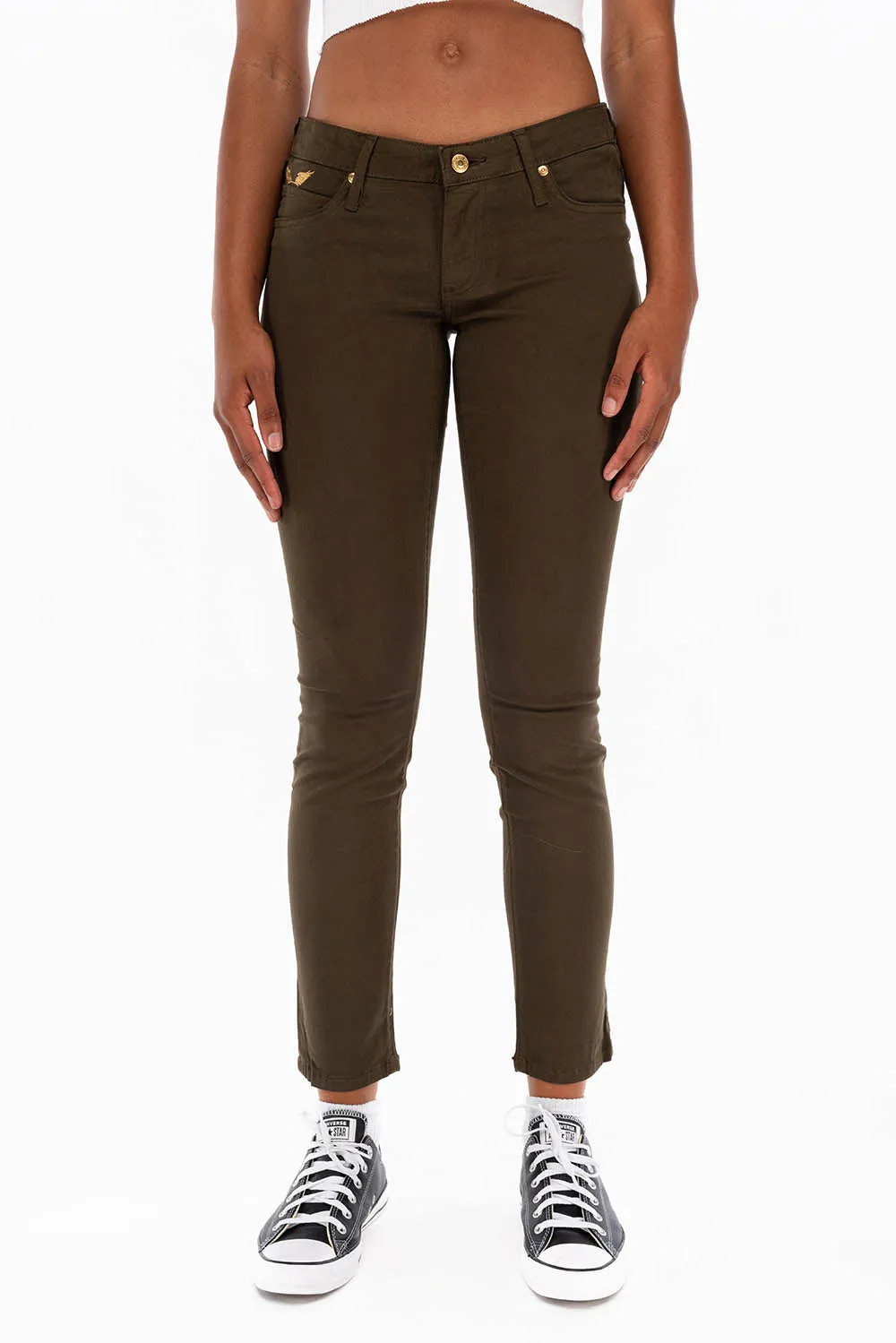 WOMENS SKINNY JEANS IN DARK GREEN WITH GOLD EMBROIDERY AND LOGO sold by Robin's Jean