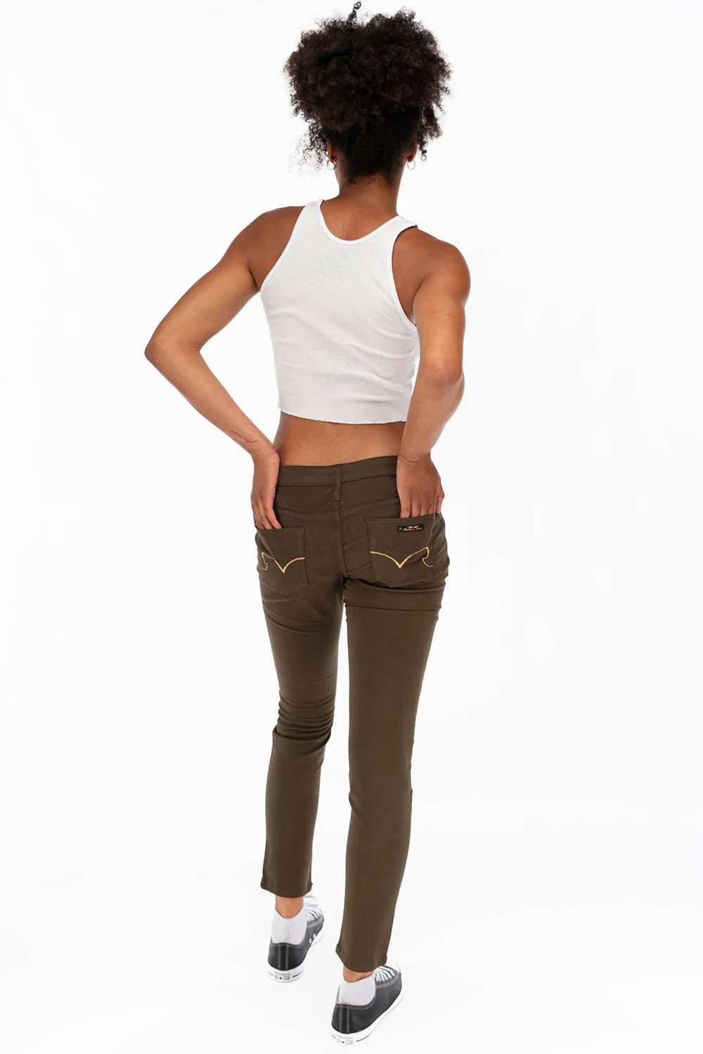 WOMENS SKINNY JEANS IN DARK GREEN WITH GOLD EMBROIDERY AND LOGO sold by Robin's Jean product image thumbnail 5