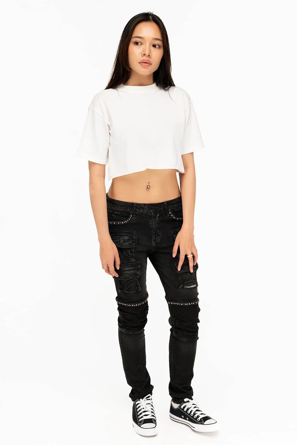 ROBIN'S WOMEN'S SKINNY UTILITARIAN JEANS IN LA BLACK WITH STUDS AND CRYSTALS sold by Robin's Jean product image thumbnail 4