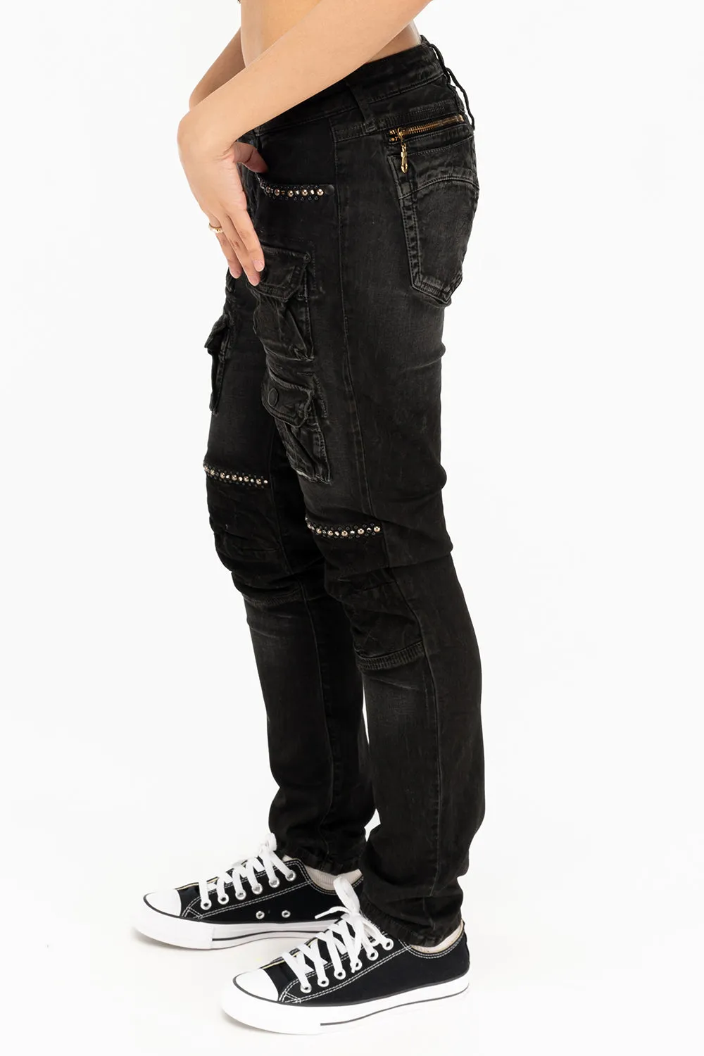 ROBIN'S WOMEN'S SKINNY UTILITARIAN JEANS IN LA BLACK WITH STUDS AND CRYSTALS sold by Robin's Jean product image thumbnail 3