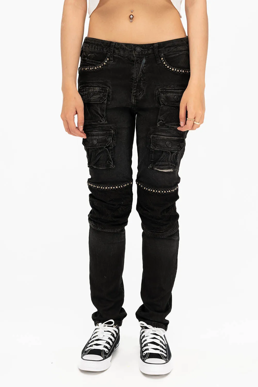 ROBIN'S WOMEN'S SKINNY UTILITARIAN JEANS IN LA BLACK WITH STUDS AND CRYSTALS sold by Robin's Jean