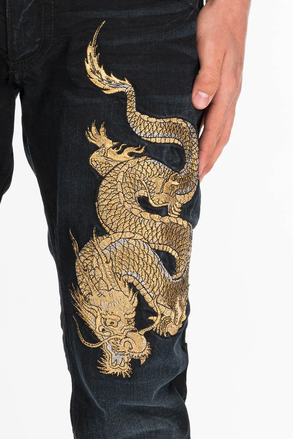 ROBINS MENS SLIM LONG FLAP JEANS IN F_ED UP BLACK WITH GOLD EMBROIDERY AND CRYSTALS sold by Robin's Jean product image thumbnail 3