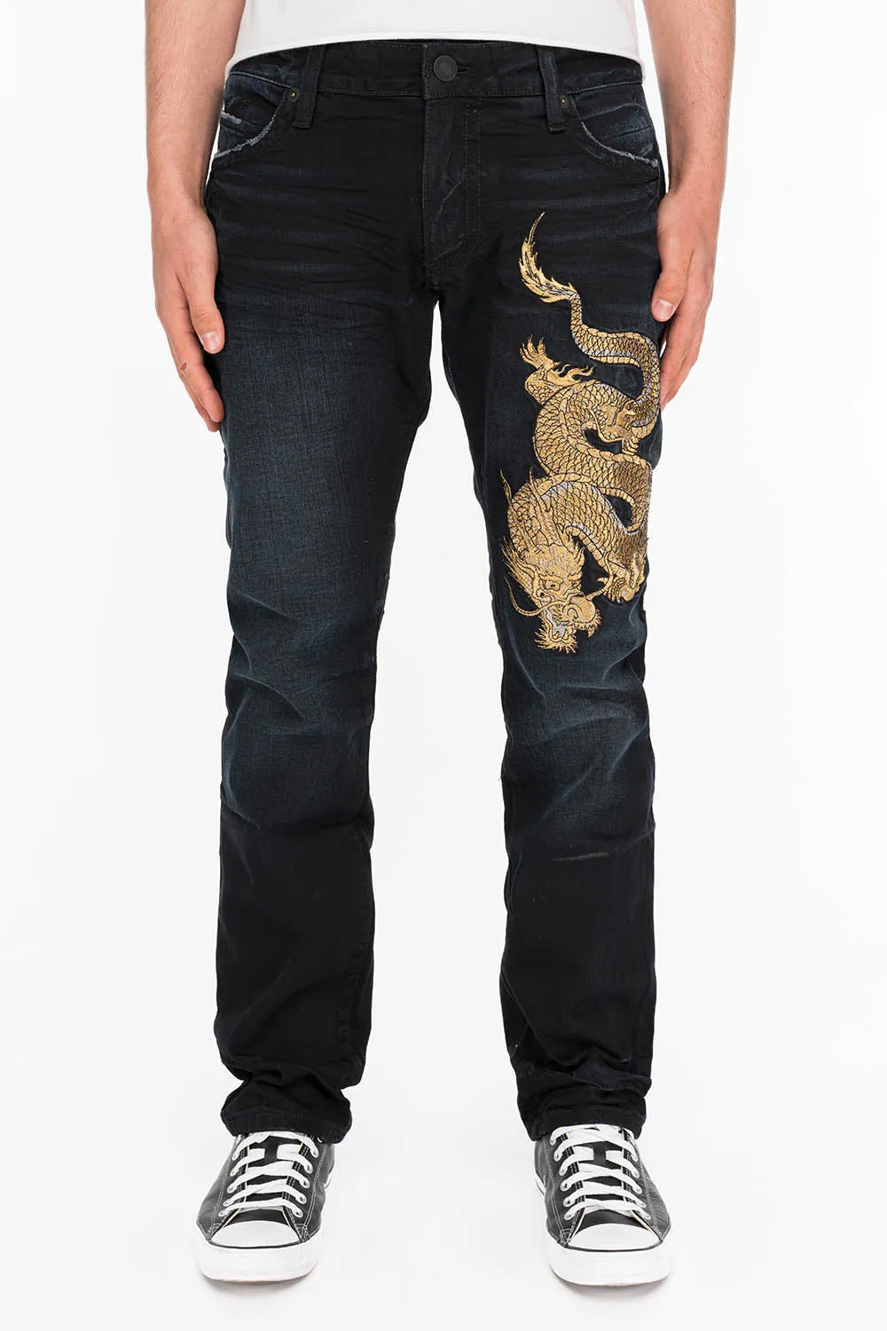 ROBINS MENS SLIM LONG FLAP JEANS IN F_ED UP BLACK WITH GOLD EMBROIDERY AND CRYSTALS sold by Robin's Jean