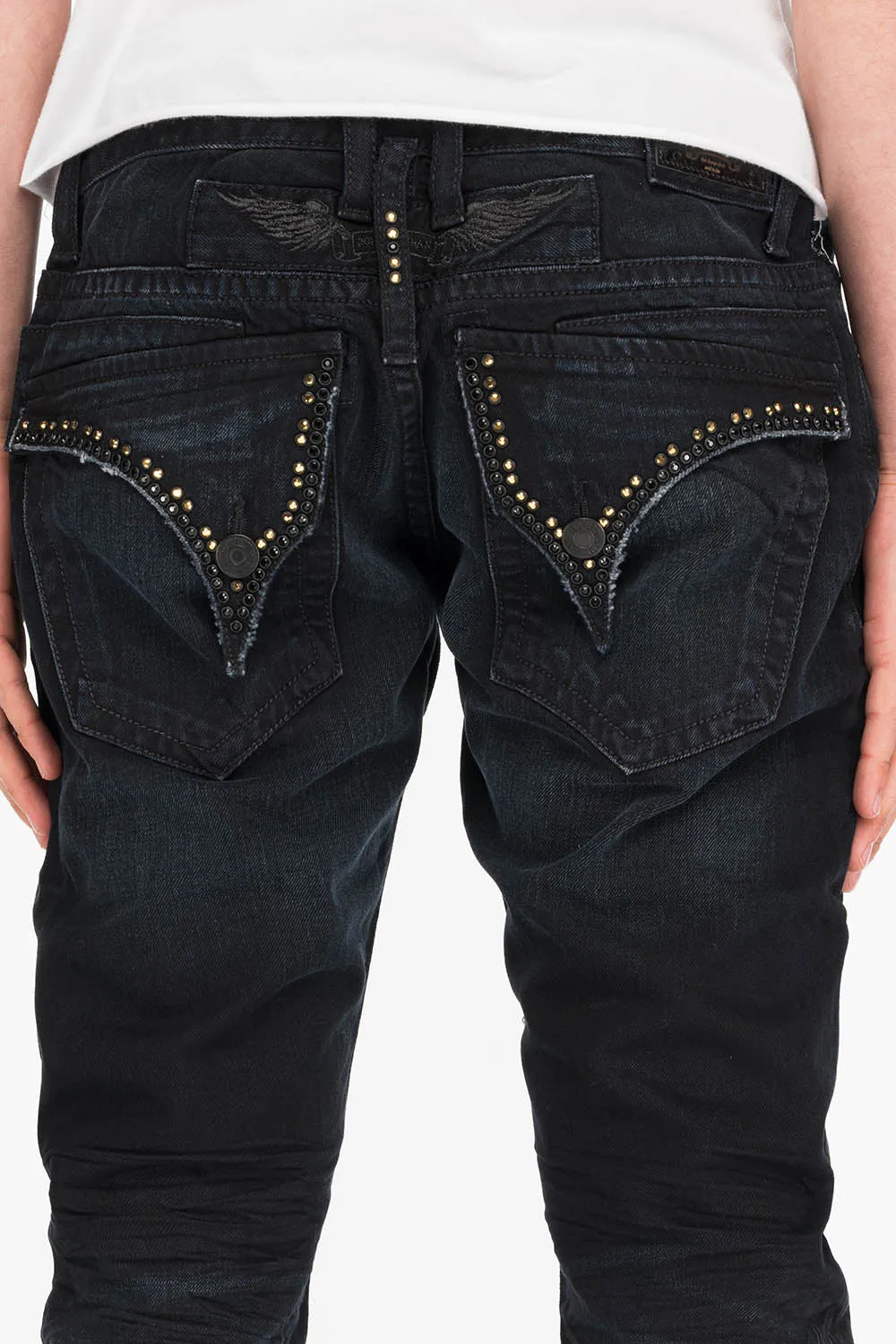ROBINS MENS SLIM LONG FLAP JEANS IN F_ED UP BLACK WITH GOLD EMBROIDERY AND CRYSTALS sold by Robin's Jean product image thumbnail 5