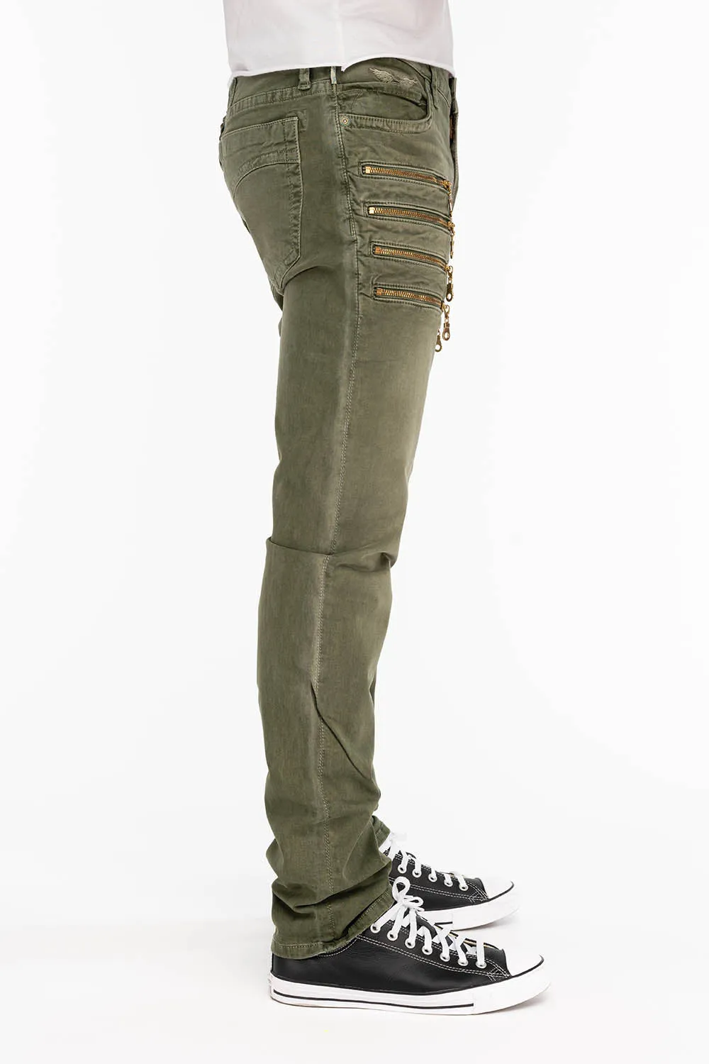 MENS MOTORCYCLE ZIPPERS SLIM JEANS IN PIGMENT SPRAY GREEN ARMY sold by Robin's Jean product image thumbnail 3