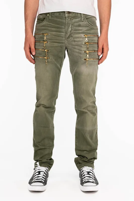 MENS MOTORCYCLE ZIPPERS SLIM JEANS IN PIGMENT SPRAY GREEN ARMY sold by Robin's Jean