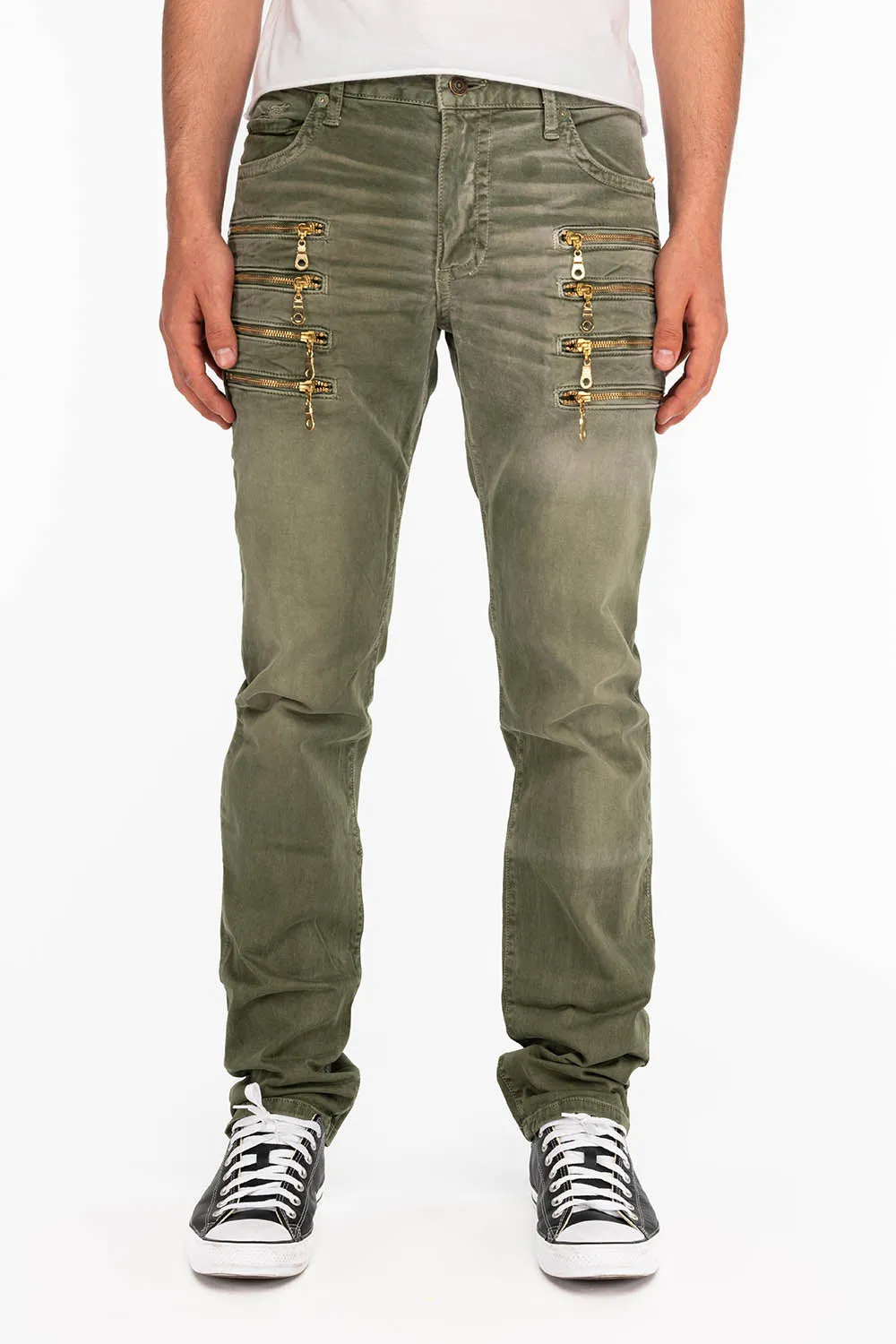 MENS MOTORCYCLE ZIPPERS SLIM JEANS IN PIGMENT SPRAY GREEN ARMY sold by Robin's Jean