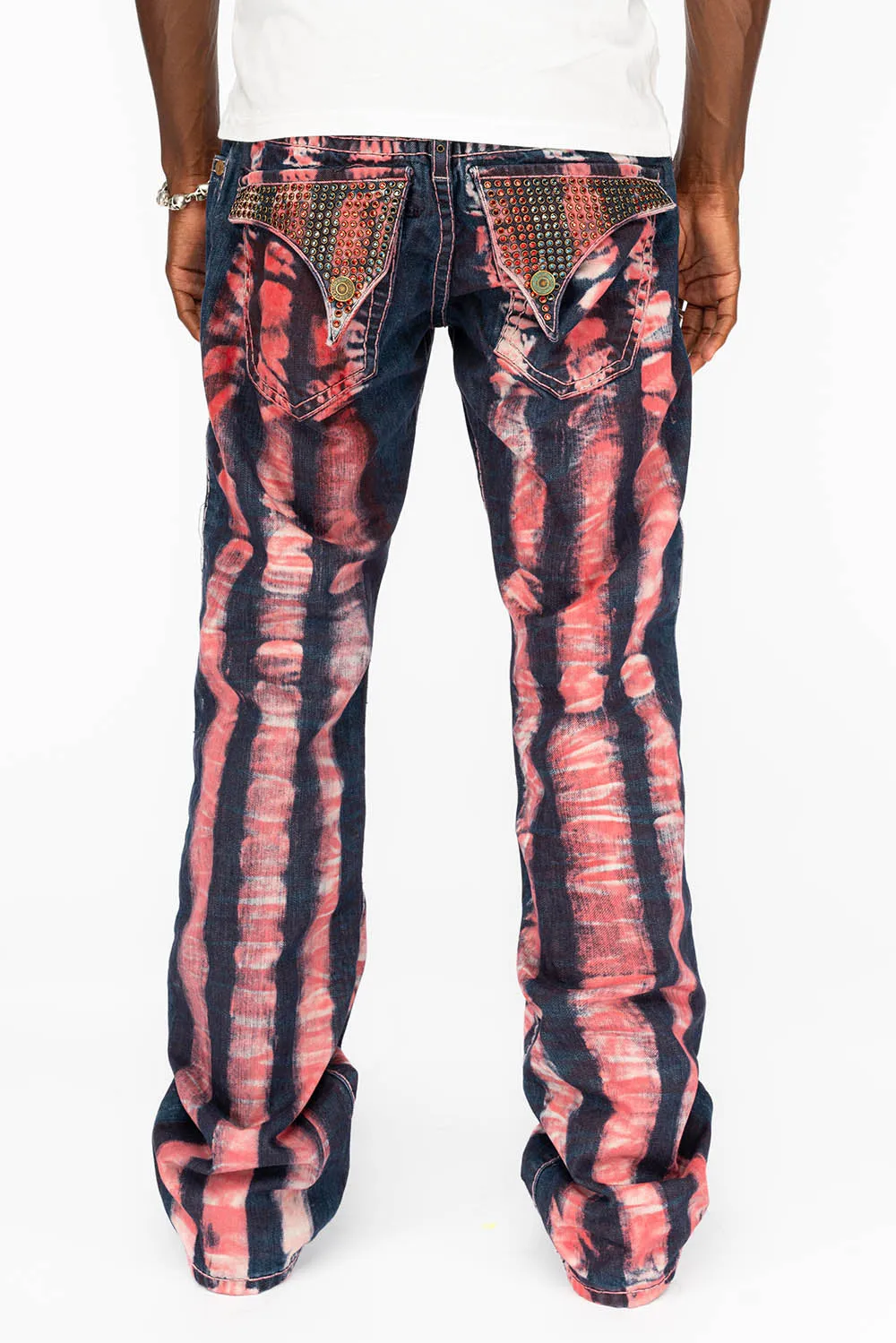 MENS LONG FLAP POCKET JEANS WITH HEAVY STITCHING AND CRYSTALS IN PRISONER RED sold by Robin's Jean