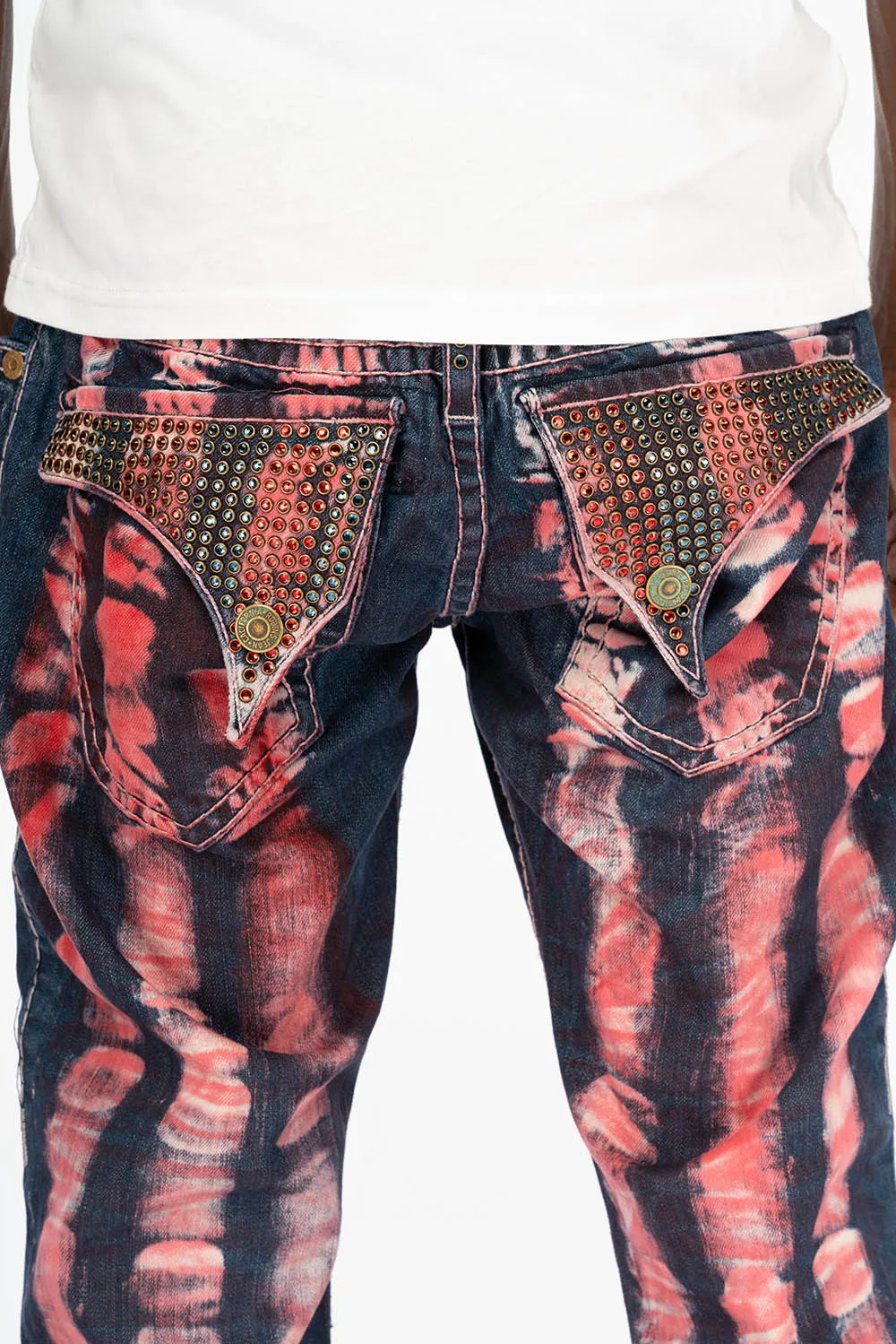 MENS LONG FLAP POCKET JEANS WITH HEAVY STITCHING AND CRYSTALS IN PRISONER RED sold by Robin's Jean product image thumbnail 3