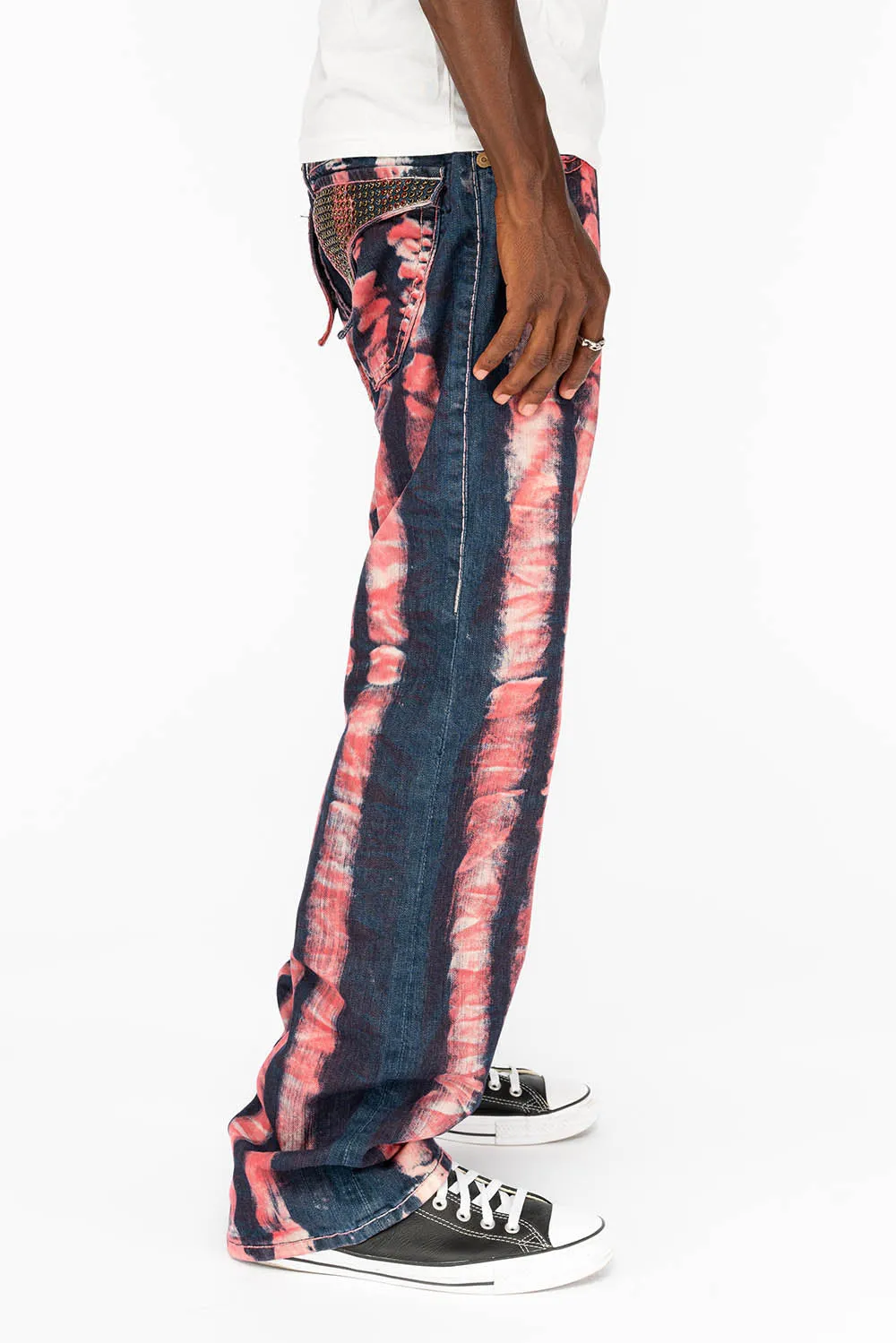 MENS LONG FLAP POCKET JEANS WITH HEAVY STITCHING AND CRYSTALS IN PRISONER RED sold by Robin's Jean product image thumbnail 2