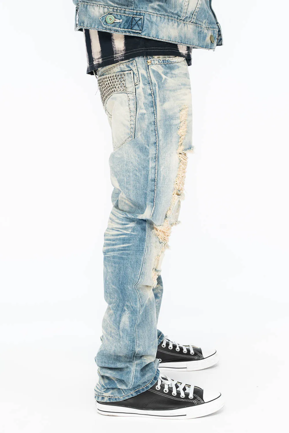 VINTAGE INDIGO DISTRESSED ,RIPPED JEAN WITH WHITE CONTRAST STICH IN OMAHA BROKEN WASH WITH CRYSTALS sold by Robin's Jean product image thumbnail 3