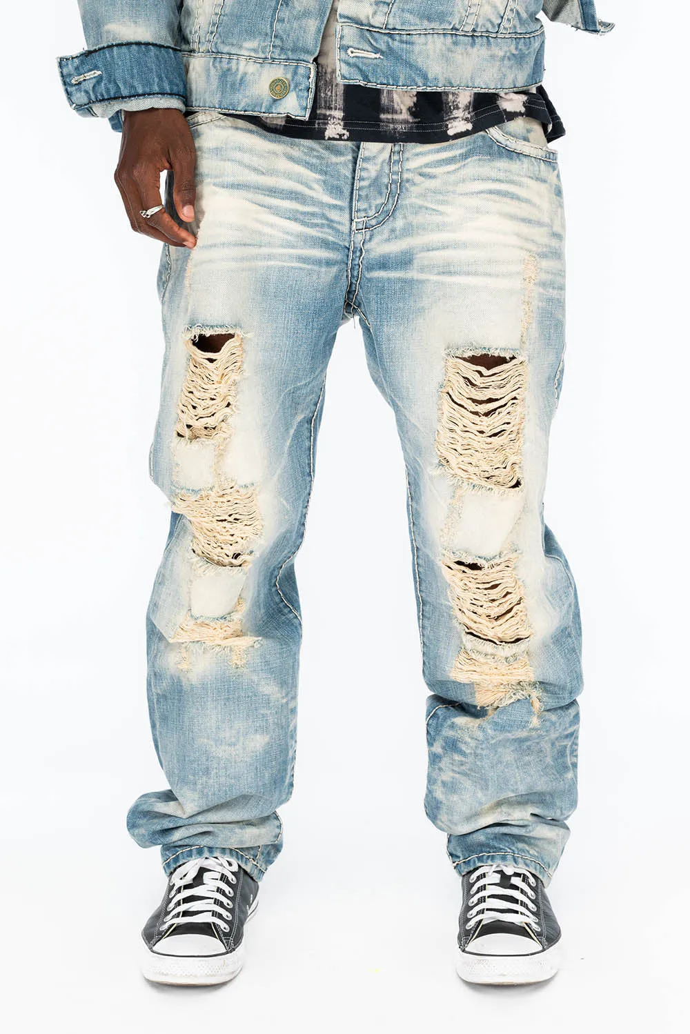VINTAGE INDIGO DISTRESSED ,RIPPED JEAN WITH WHITE CONTRAST STICH IN OMAHA BROKEN WASH WITH CRYSTALS sold by Robin's Jean product image thumbnail 2