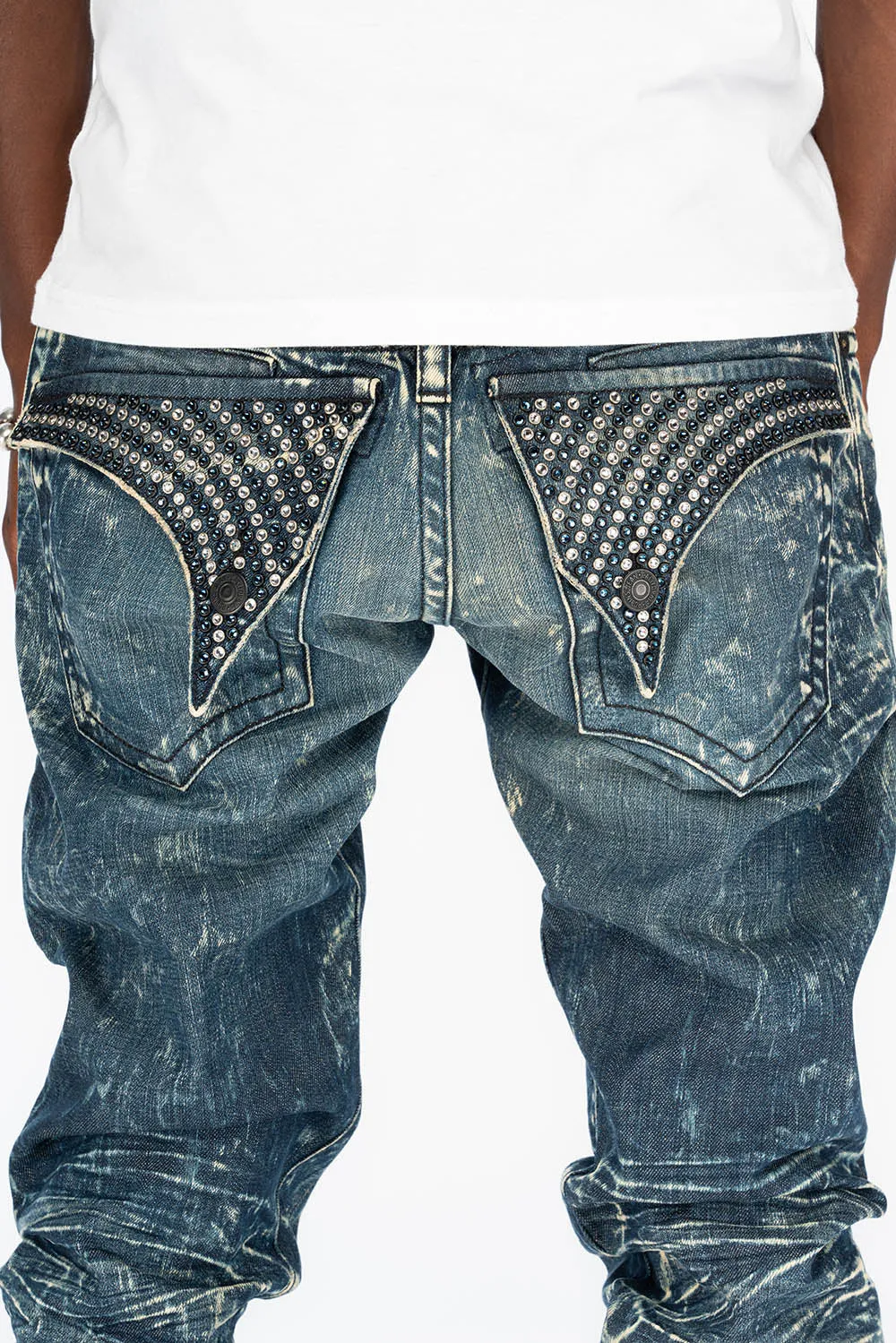 MENS LONG FLAP SLIM JEANS WITH CRYSTALS IN BLUE 4D DARK WASH sold by Robin's Jean product image thumbnail 4