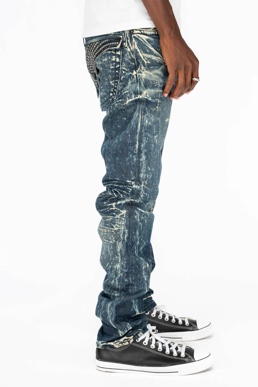 MENS LONG FLAP SLIM JEANS WITH CRYSTALS IN BLUE 4D DARK WASH sold by Robin's Jean product image thumbnail 2