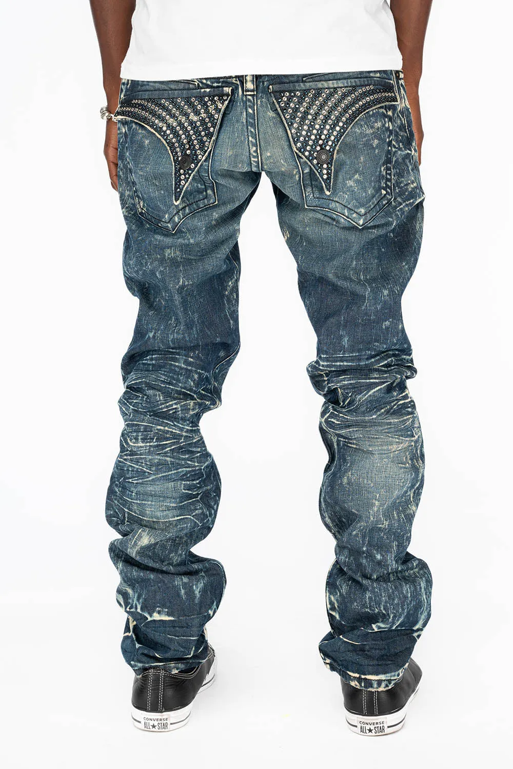 MENS LONG FLAP SLIM JEANS WITH CRYSTALS IN BLUE 4D DARK WASH sold by Robin's Jean