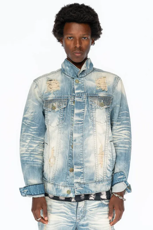 VINTAGE INDIGO DISTRESSED ,RIPPED JEAN JKT WITH WHITE CONTRAST STICH IN OMAHA BROKEN WASH WITH CRYSTALS sold by Robin's Jean
