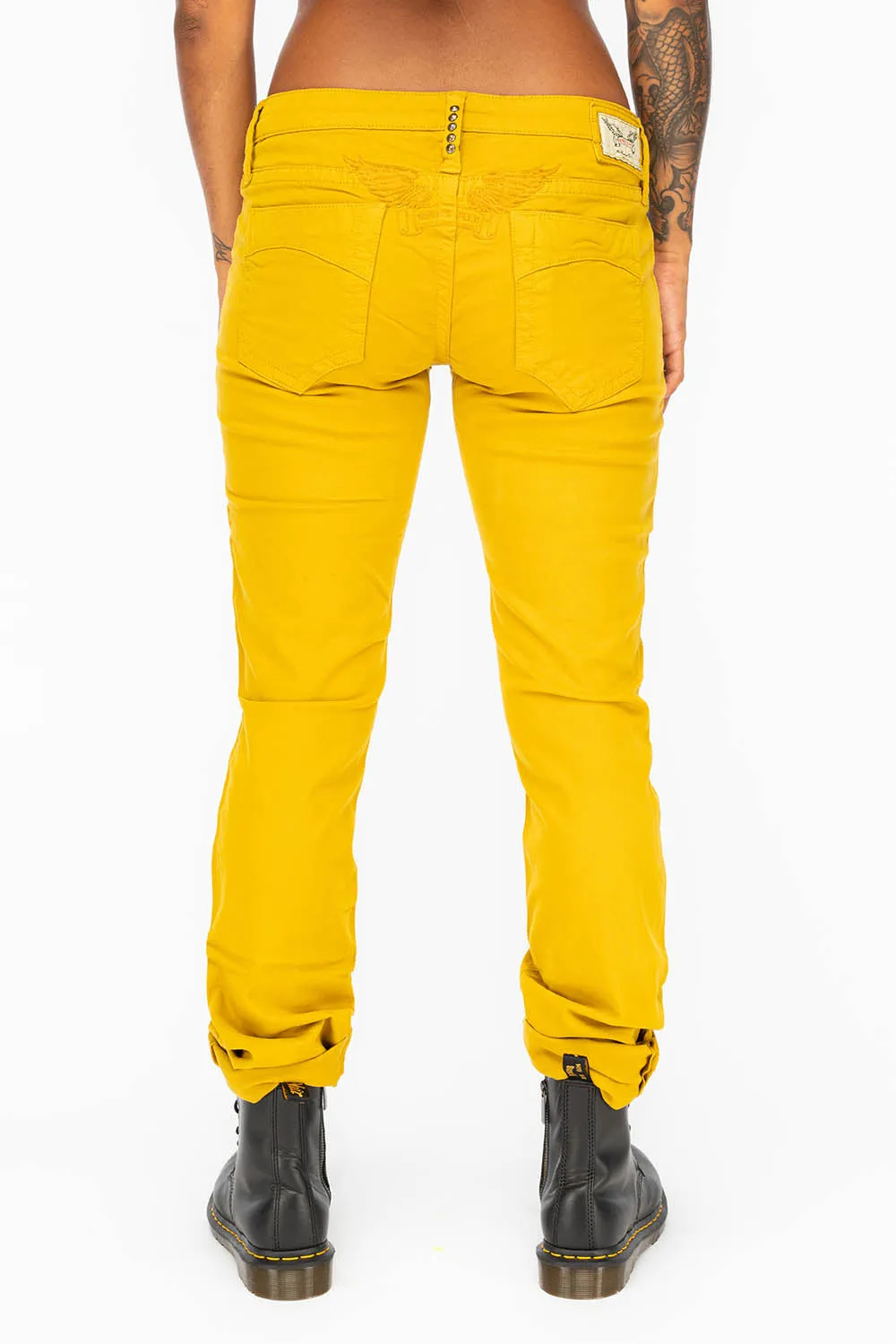 LOW RISE WOMENS JEANS IN YELLOW WITH TONAL WINGS sold by Robin's Jean product image thumbnail 4