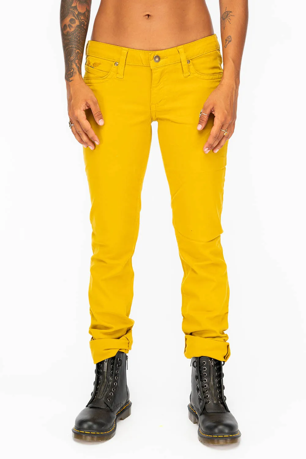 LOW RISE WOMENS JEANS IN YELLOW WITH TONAL WINGS sold by Robin's Jean product image thumbnail 2
