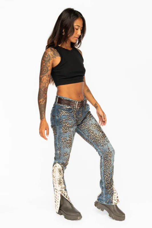 WOMENS BLUE JEANS WITH LEOPARD COATING AND ANKLE SNAP CLOSURE sold by Robin's Jean