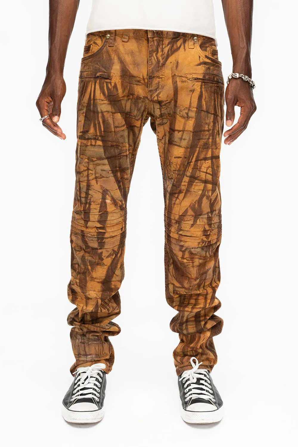 MENS MOTO BIKER JEANS IN BROWN ORANGE WASH sold by Robin's Jean