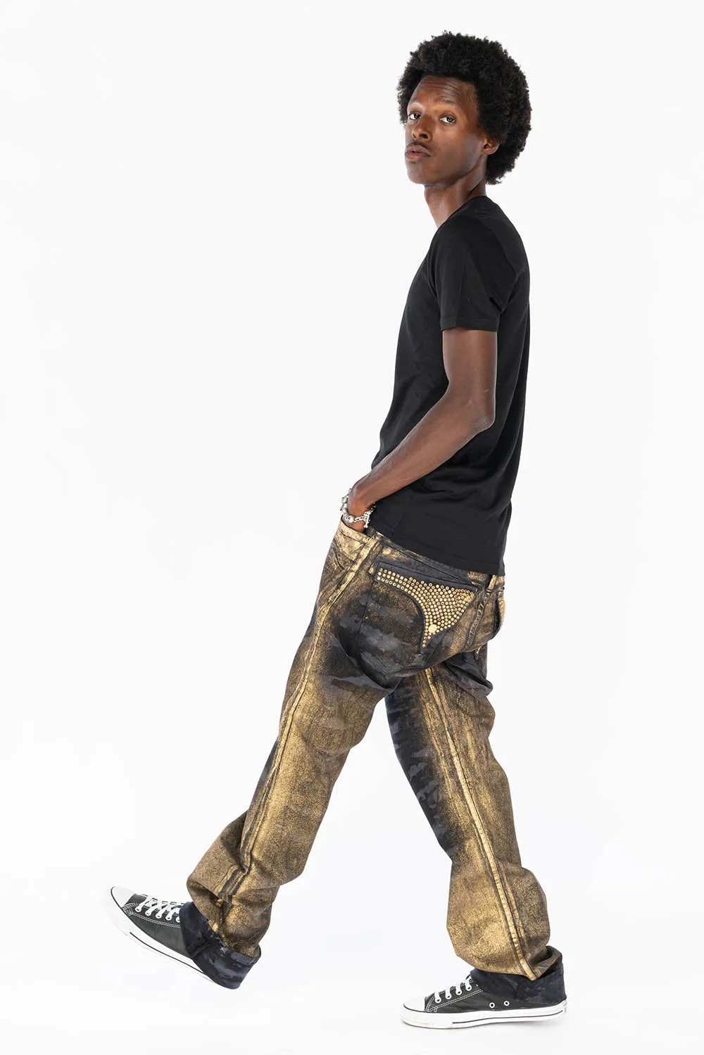 MENS LONG FLAP STRAIGHT CUT JEANS WITH SMOKY TOPAZ CRYSTALS IN AERO BLACK WASH sold by Robin's Jean