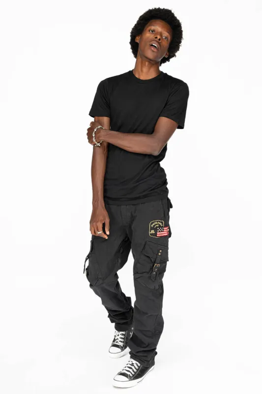 MENS MILITARY STYLE CARGO PANTS IN BLK DYE WITH PATCH sold by Robin's Jean