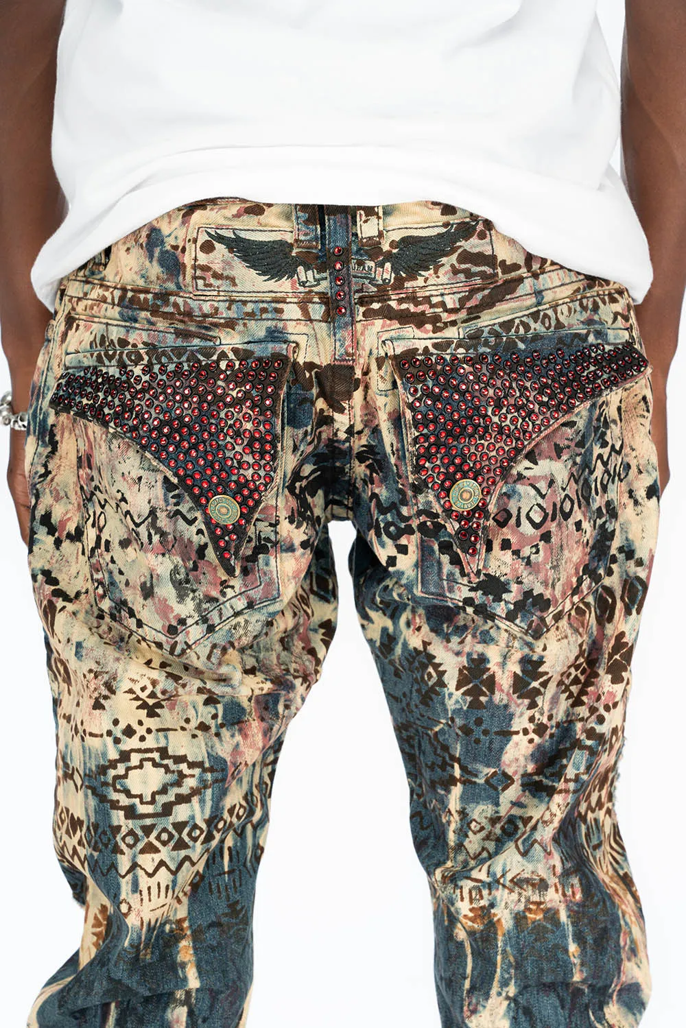 MENS CLASSIC STRAIGHT LEG LONG FLAP POCKET JEANS WITH RED CRYSTALS IN APACHE BROWN sold by Robin's Jean product image thumbnail 3