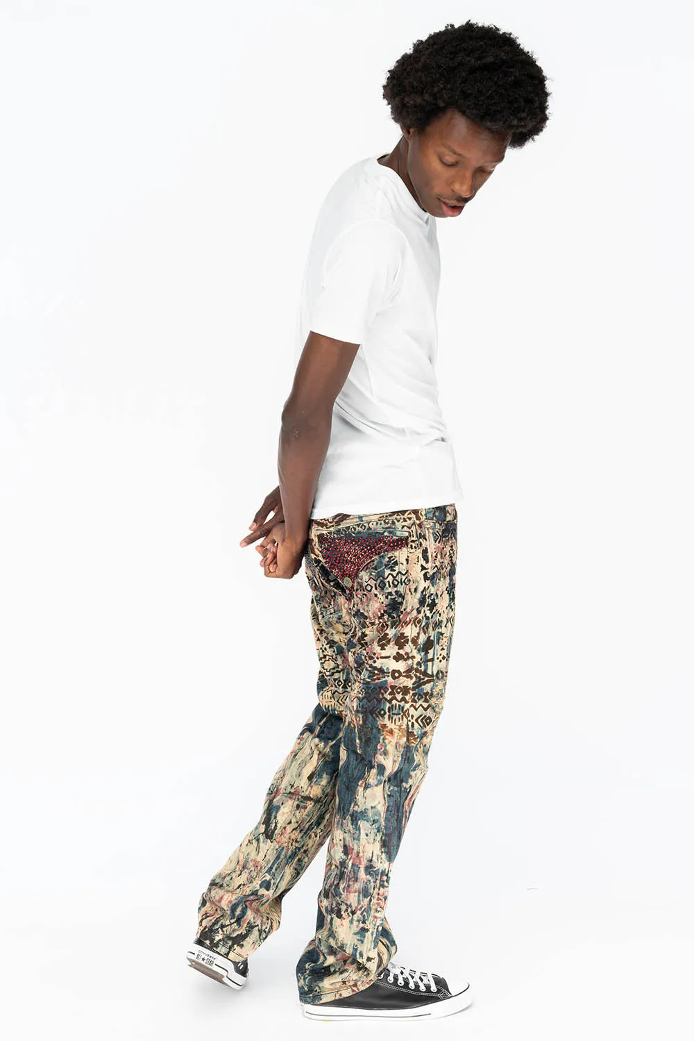 MENS CLASSIC STRAIGHT LEG LONG FLAP POCKET JEANS WITH RED CRYSTALS IN APACHE BROWN sold by Robin's Jean