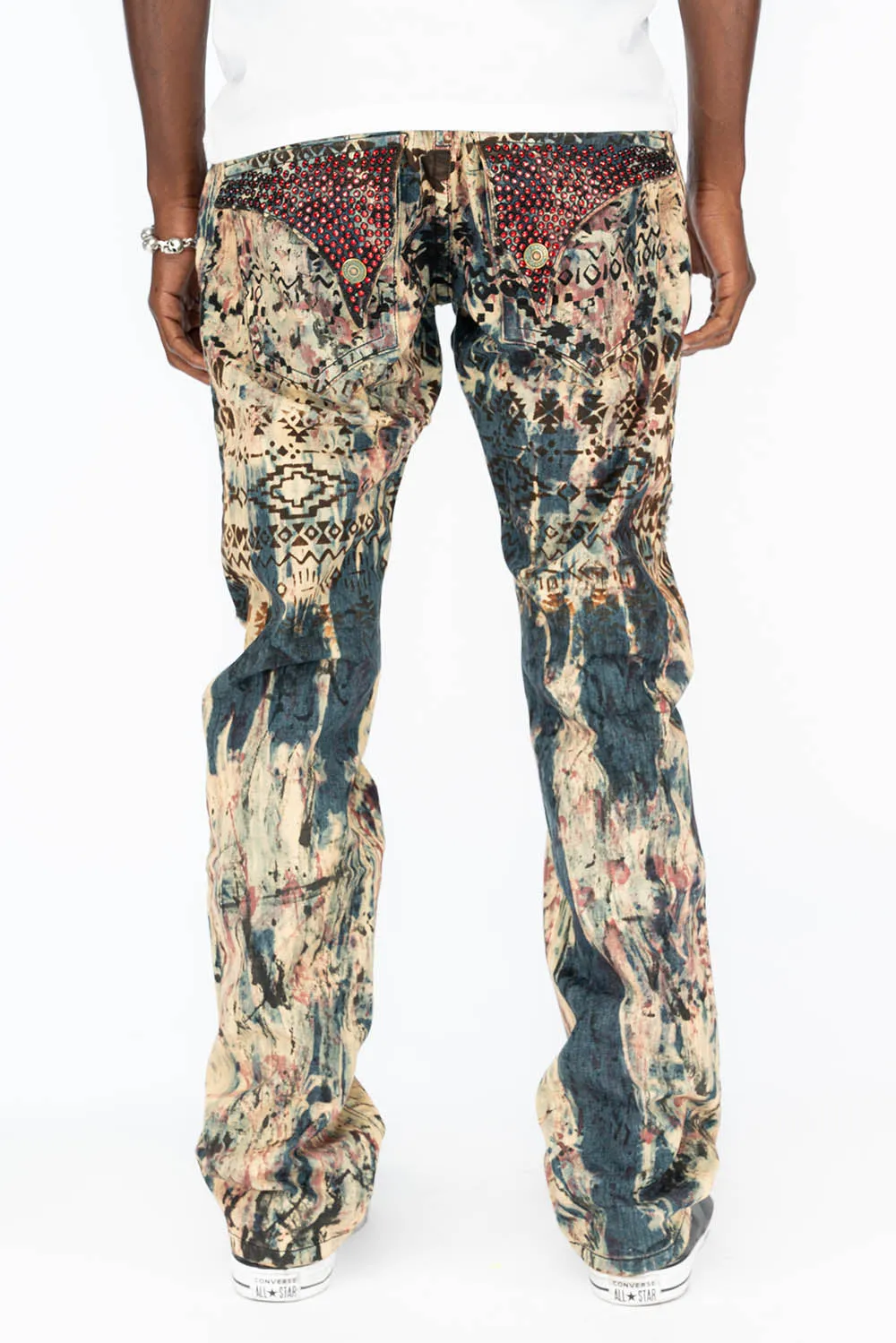 MENS CLASSIC STRAIGHT LEG LONG FLAP POCKET JEANS WITH RED CRYSTALS IN APACHE BROWN sold by Robin's Jean product image thumbnail 2