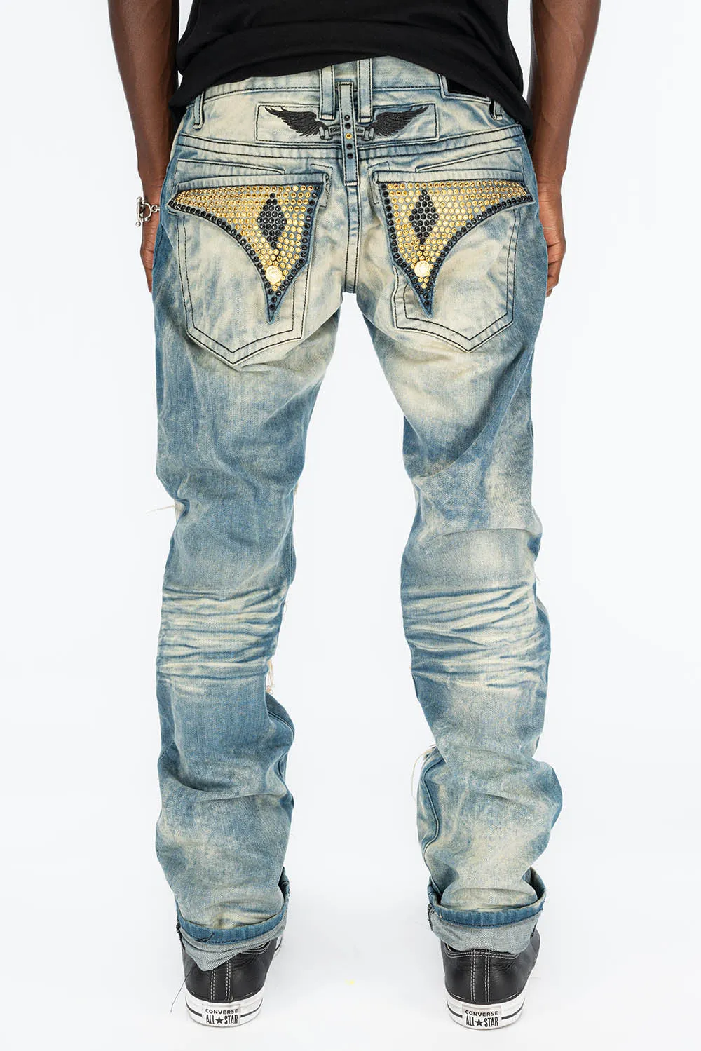 VINTAGE RIPPED,DISTRESSED & REPAIRED JEANS WITH BACK POCKET CRYSTALS IN OMAHA WASH sold by Robin's Jean product image thumbnail 2
