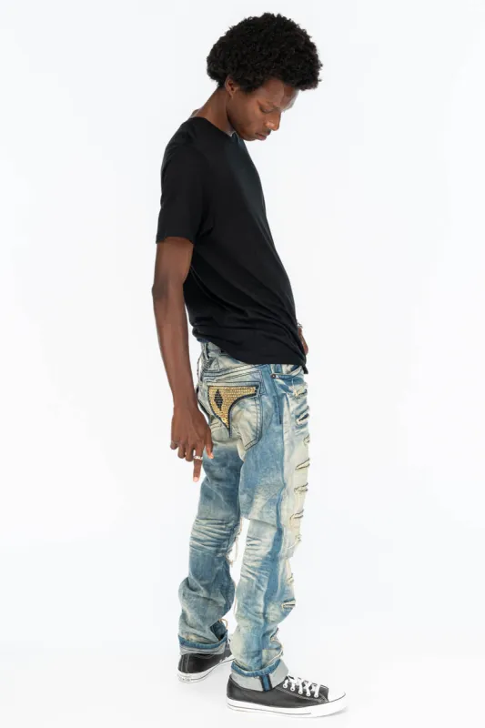 VINTAGE RIPPED,DISTRESSED & REPAIRED JEANS WITH BACK POCKET CRYSTALS IN OMAHA WASH sold by Robin's Jean