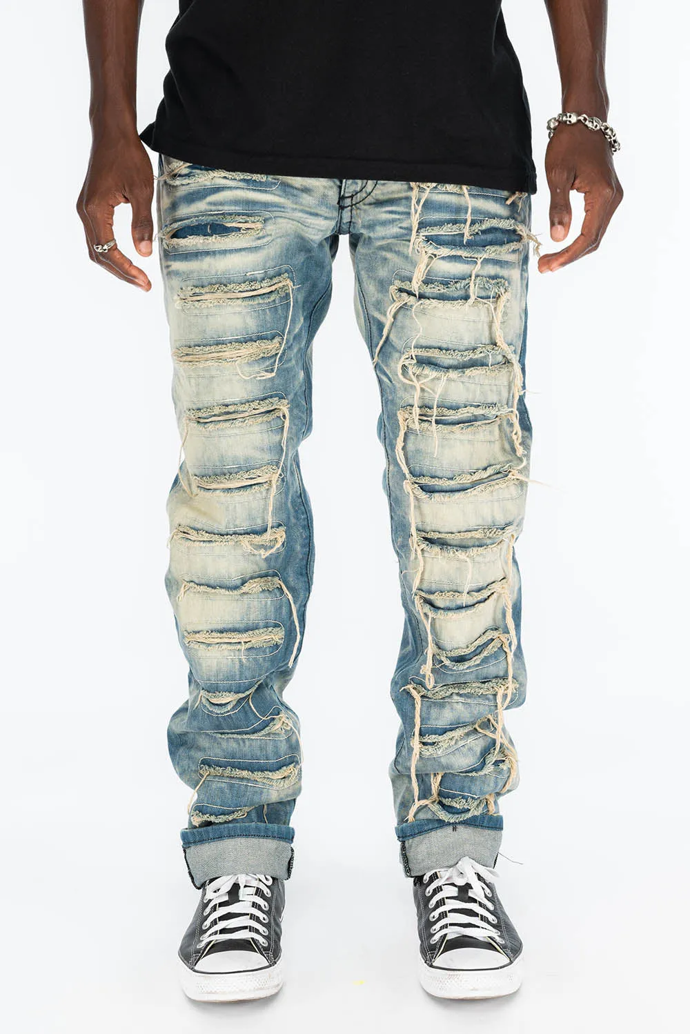 VINTAGE RIPPED,DISTRESSED & REPAIRED JEANS WITH BACK POCKET CRYSTALS IN OMAHA WASH sold by Robin's Jean product image thumbnail 3