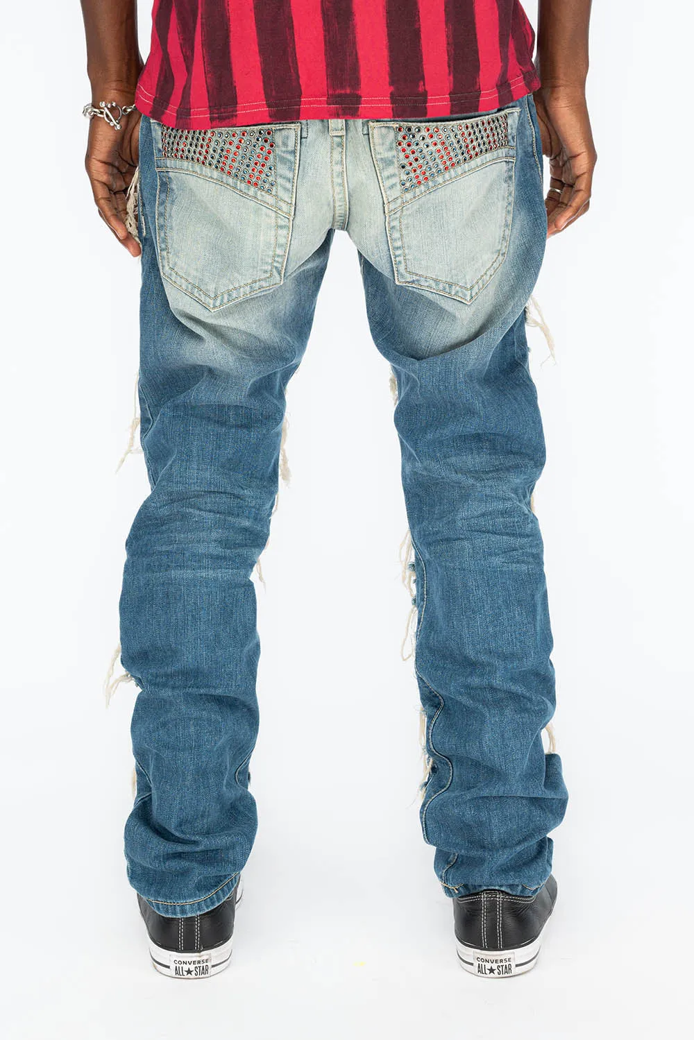 MARLON RIPPED,BROKEN HAND REPAIRED DENIM JEANS IN MANDAN BLUE WITH STUDS AND CRYSTALS sold by Robin's Jean product image thumbnail 3