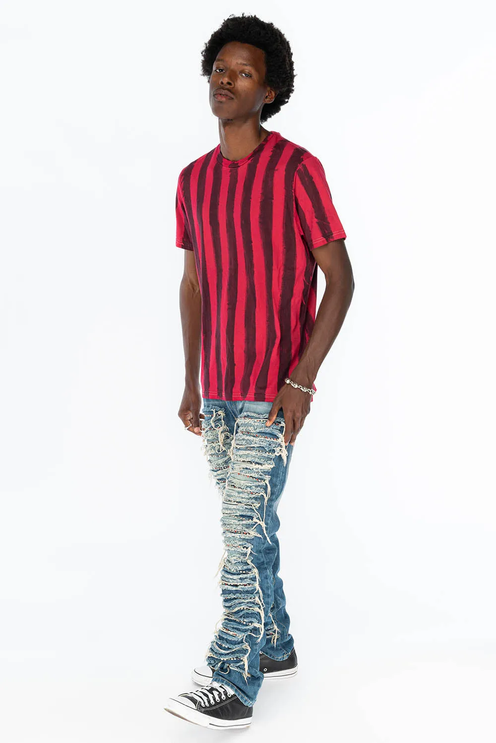 MARLON RIPPED,BROKEN HAND REPAIRED DENIM JEANS IN MANDAN BLUE WITH STUDS AND CRYSTALS sold by Robin's Jean product image thumbnail 5