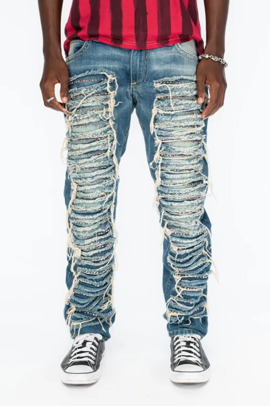 MARLON RIPPED,BROKEN HAND REPAIRED DENIM JEANS IN  MANDAN BLUE WITH STUDS AND CRYSTALS sold by Robin's Jean