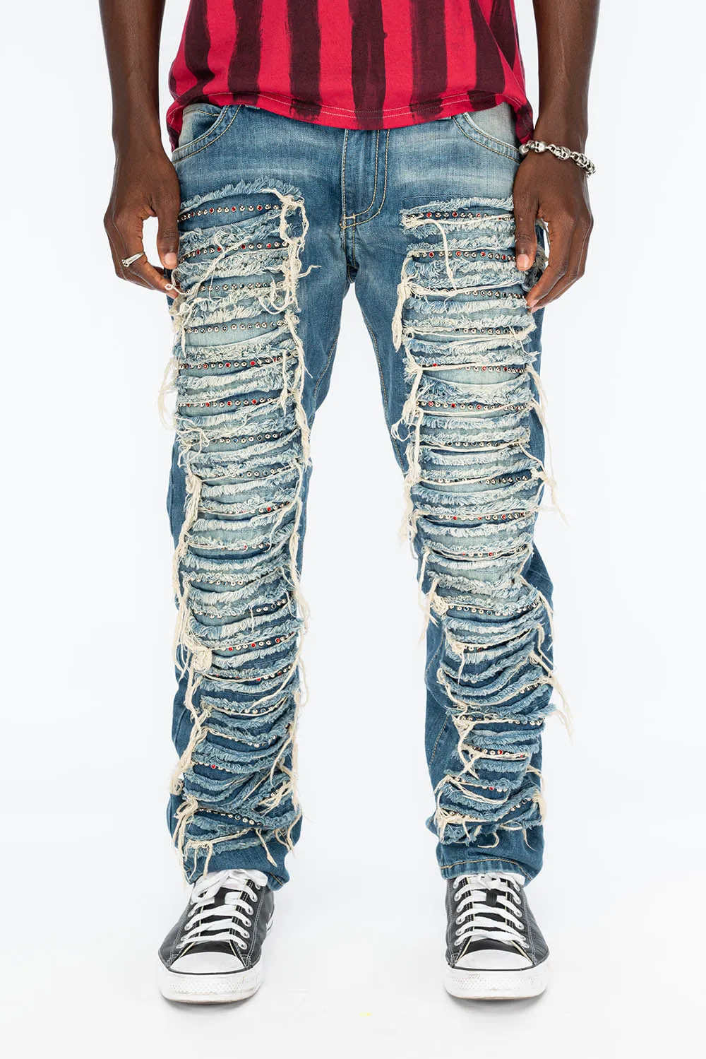 MARLON RIPPED,BROKEN HAND REPAIRED DENIM JEANS IN MANDAN BLUE WITH STUDS AND CRYSTALS sold by Robin's Jean
