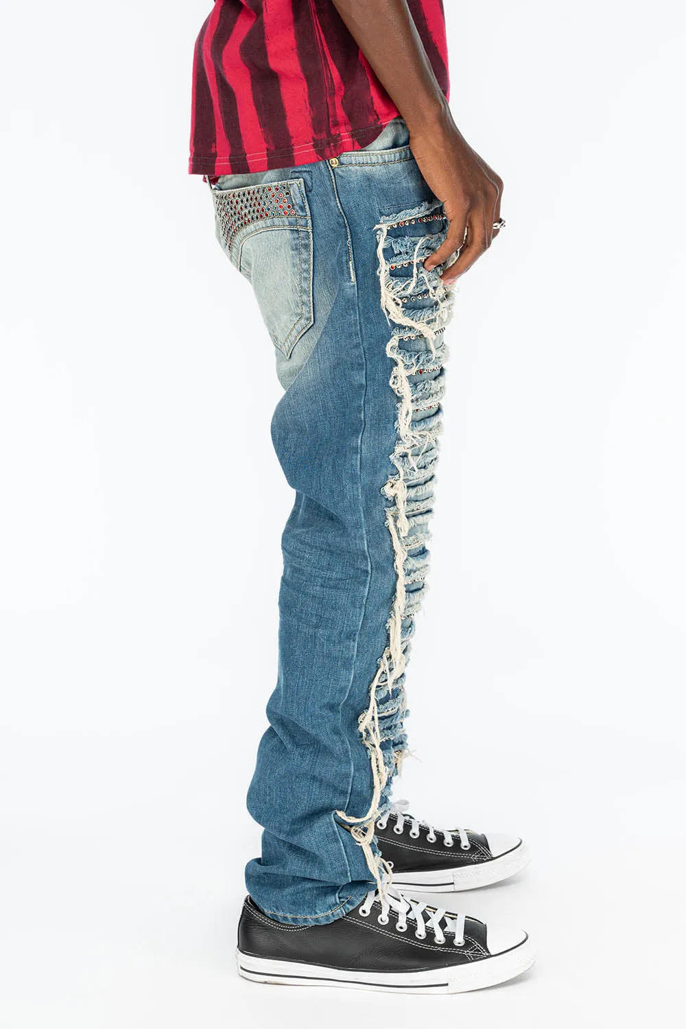 MARLON RIPPED,BROKEN HAND REPAIRED DENIM JEANS IN MANDAN BLUE WITH STUDS AND CRYSTALS sold by Robin's Jean product image thumbnail 2